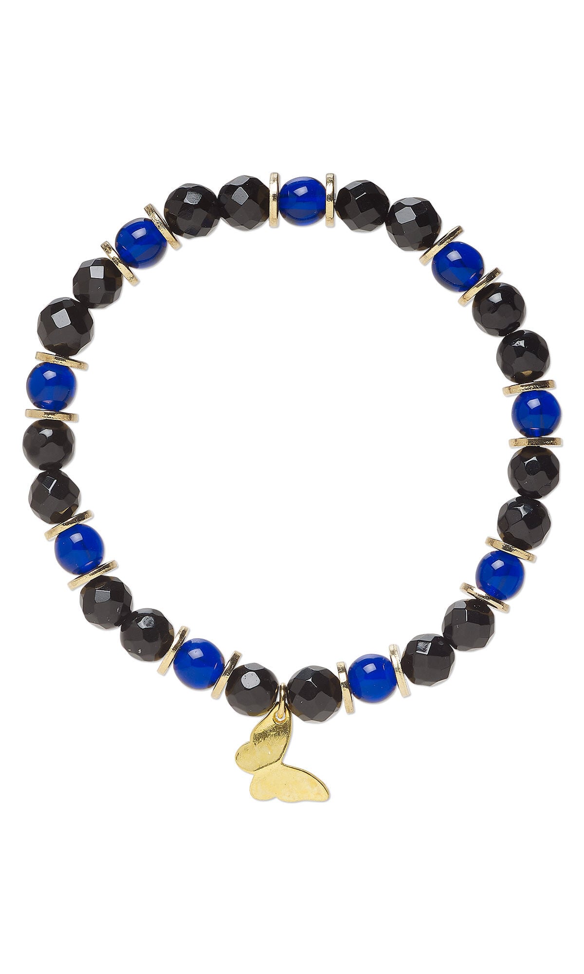 Design Idea S G 2 8 &ndash; Stretch bracelet features black onyx faceted round beads, blue glass beads, and a gold-finished butterfly charm.
