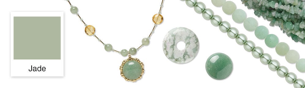 Color swatch, necklace and assorted beads in the Jade hue.