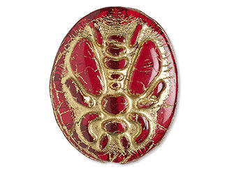 Oval red stone features a carved image of an insect, accented in a gold hue