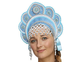 Woman wearing a kokoshnik &ndash; a light blue crescent hat with pearls and embroidery with a pearl net hanging over her forehead and beaded drops descending from the sides