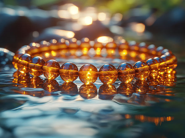 An amber bracelet on a reflective surface