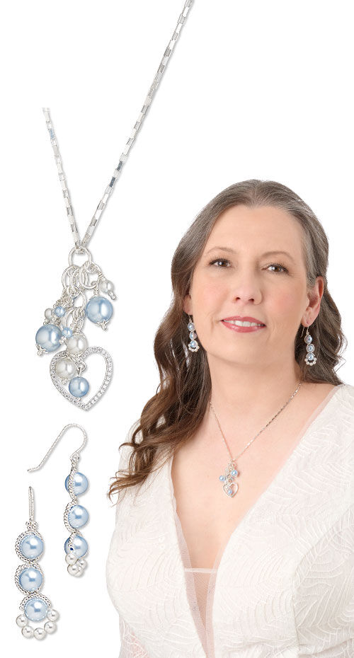 Model wearing necklace and earrings made with crystal passions pearls