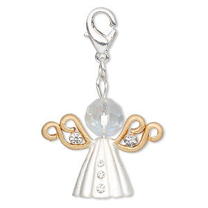 Charm, glass / glass rhinestone / silver- / gold-finished pewter (tin-based alloy), clear and clear AB, 26x21mm angel with lobster claw clasp.