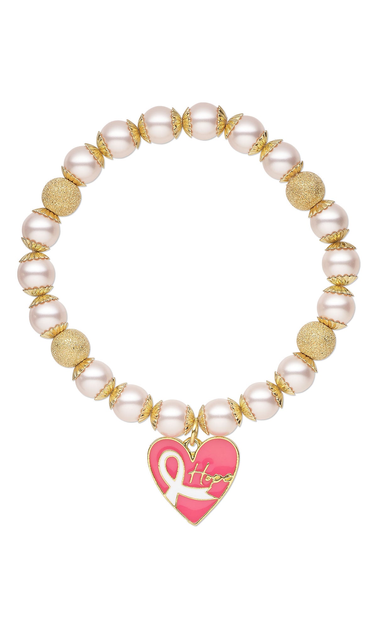 Design Idea S J 2 B &ndash; Stretch bracelet with pale pink round crystal pearls and four stardust gold-plated round beads, all with gold-plated bead caps. A pink heart charm says &ldquo;hope&rdquo; and has a white Breast Cancer Awareness ribbon.