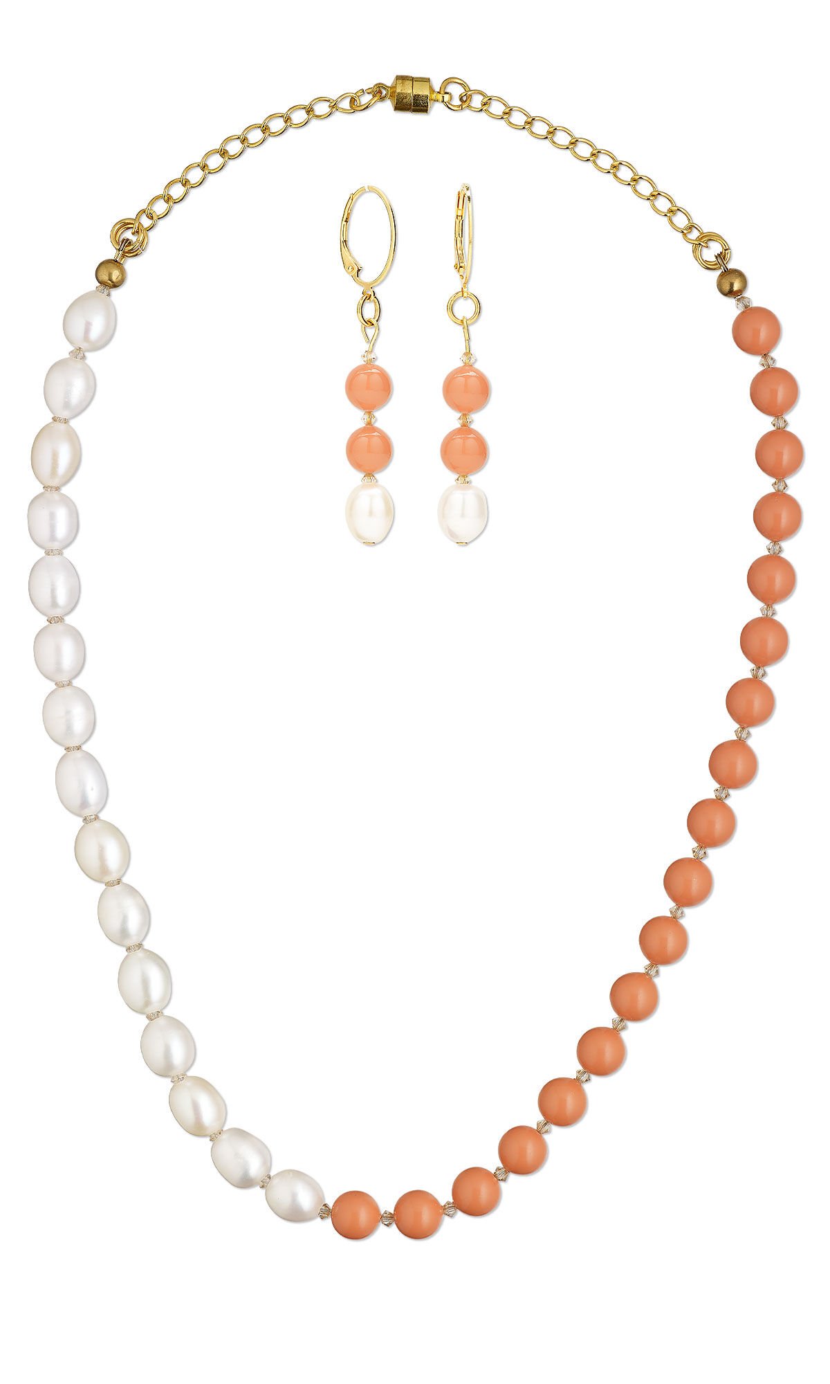 Design Idea R N 2 K - Single-strand necklace and earring set features white and orange pearls - one color on each side of the necklace