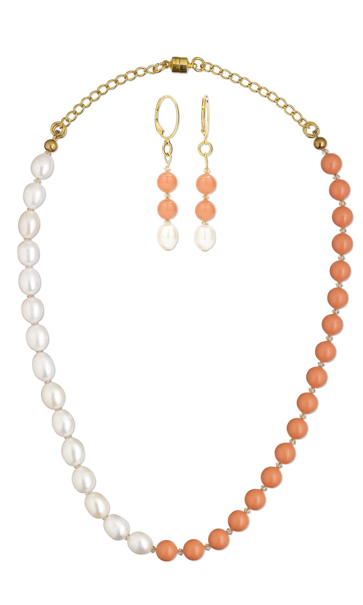 Design Idea R N 2 K - Single-strand necklace and earring set features white and orange pearls - one color on each side of the necklace