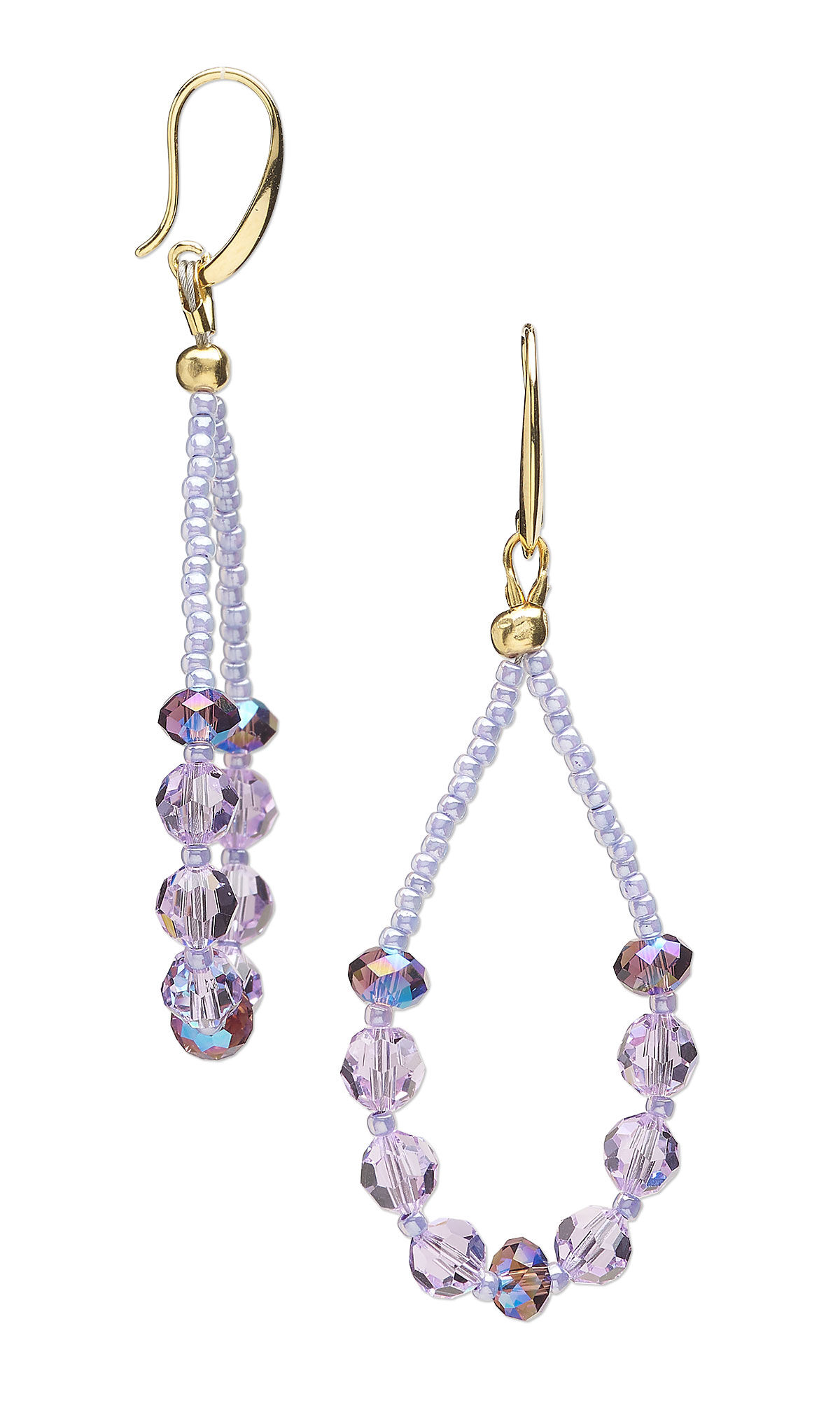 Design Idea S F 2 G, a pair of earrings featuring violet Crystal Passions&reg; round beads and amethyst shimmer rondelle beads suspended in teardrop-shaped strands accented with TOHO BEADS&reg; seed beads and finished with gold-plated fishhook ear wires.