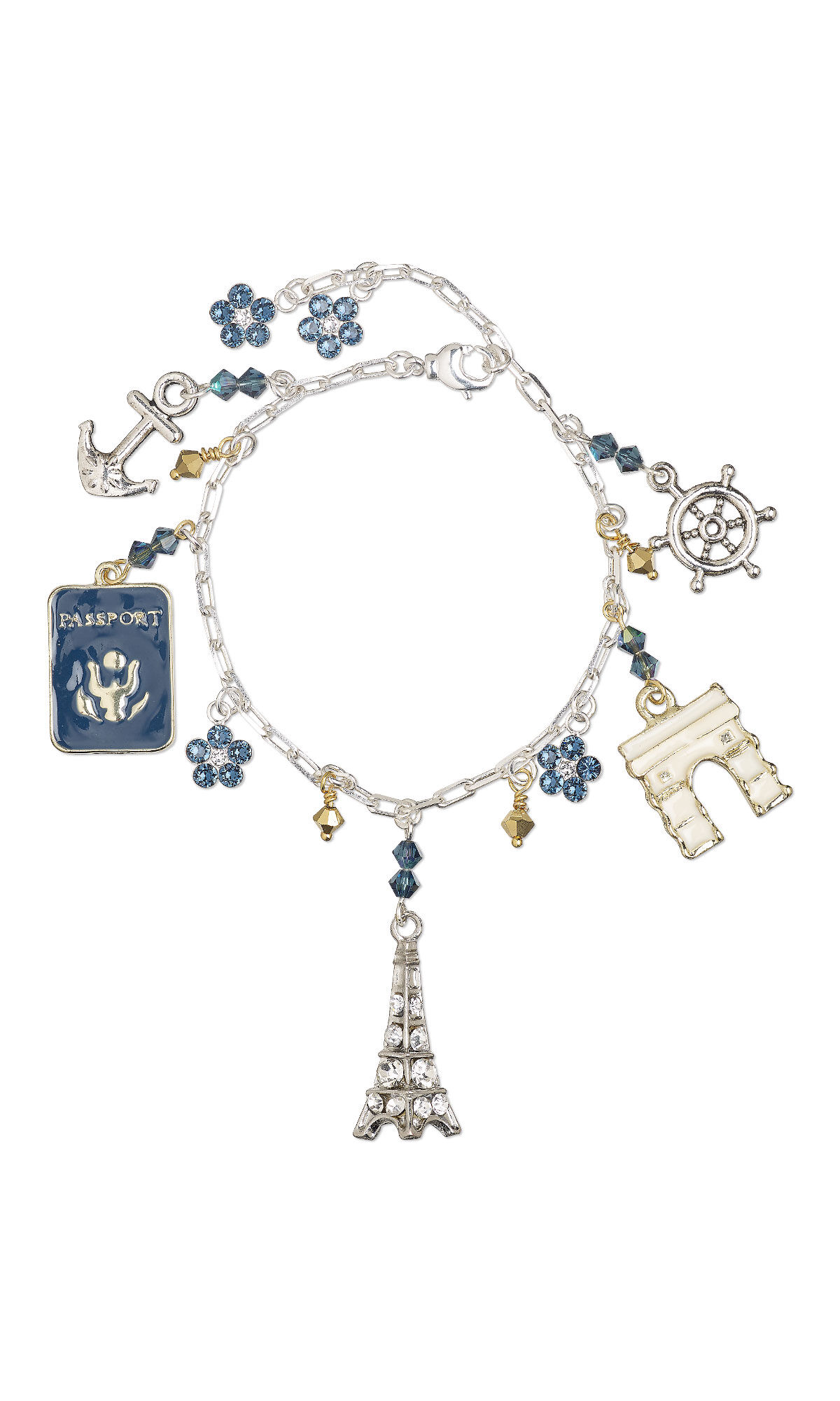 charm bracelet with an Eiffel tower charm, a passport charm, and an Arc de Triomphe charm 