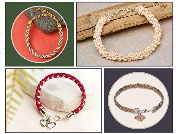 Four image tiles each show a Kumihimo bracelet in a different setting