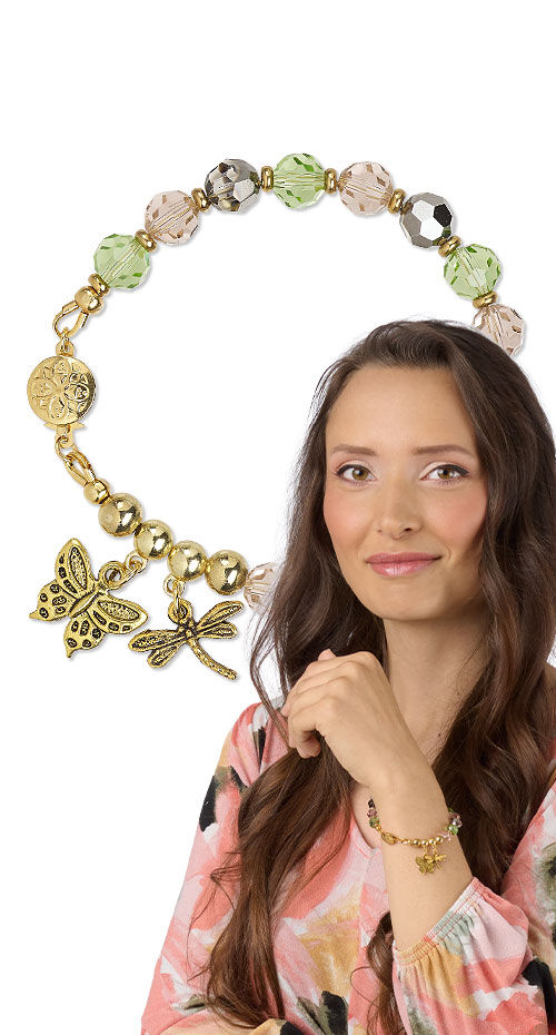 Model wearing a bracelet with crystal passions beads