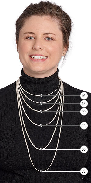 A woman in a black turtleneck sweater wearing several different lengths of necklace