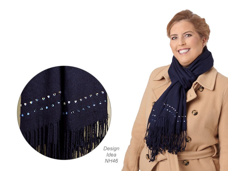 Model wearing a scarf embellished with rhinestones