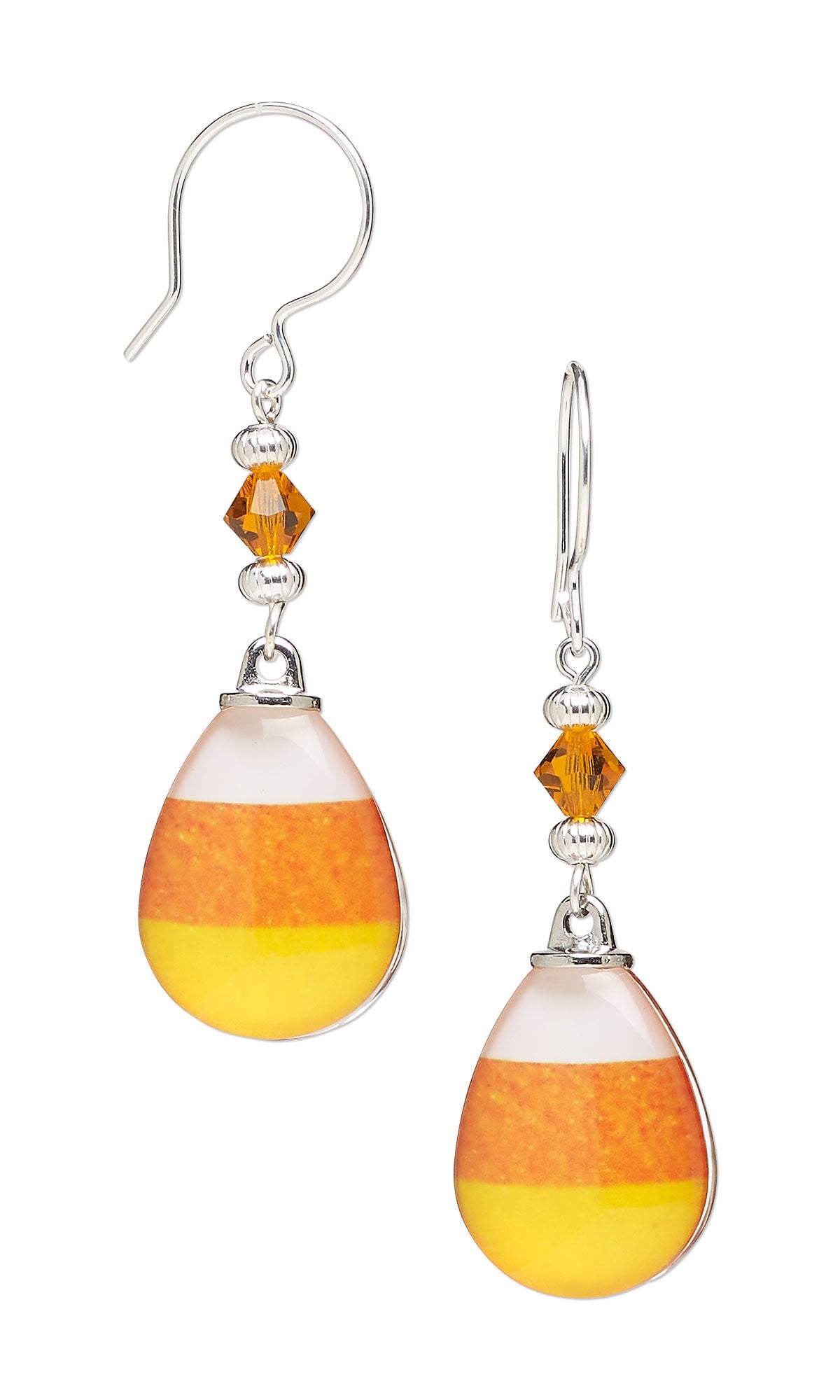 Design Idea S K 2 5 &ndash; Candy corn earrings made with Preciosa Czech crystal bicones, acrylic and &ldquo;pewter&rdquo; drops and silver-plated French hook ear wires