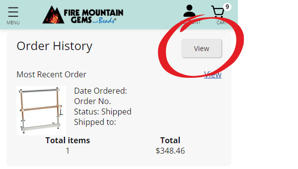 Step 2 Screenshot: Click on the View button in your Order History section on your account page.