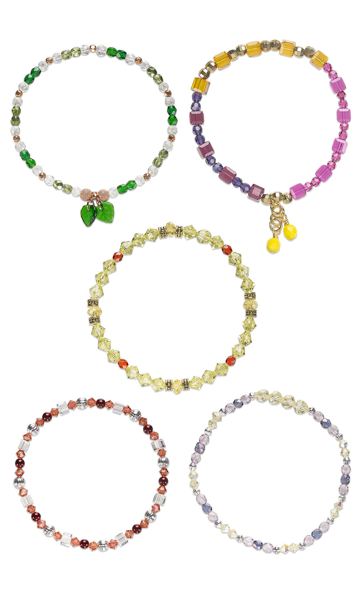 five colorful bracelets with various colors and shapes of crystal beads