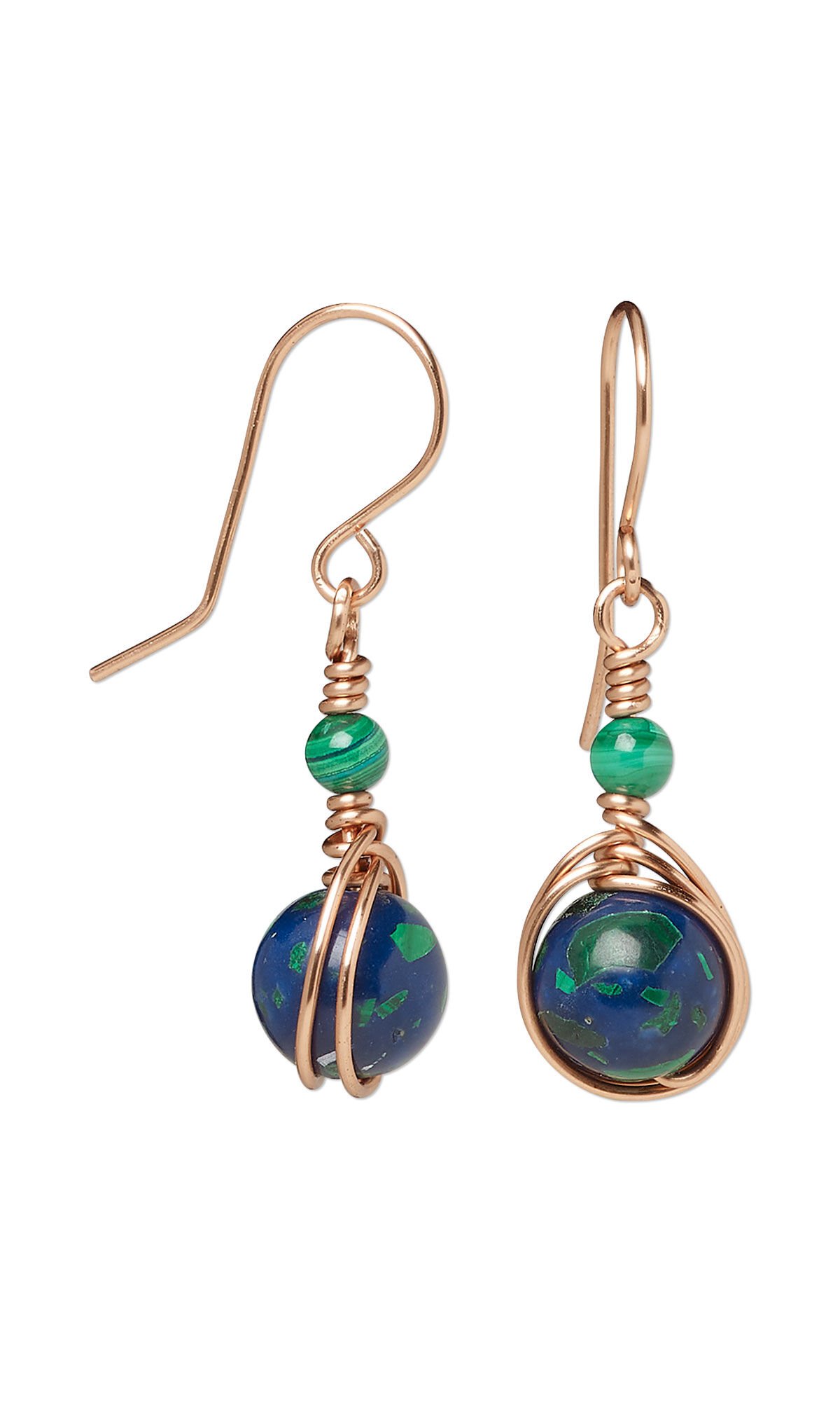 Wirework fishhook drop earrings with a large blue-green azurite-malachite bead and a small green malachite bead 