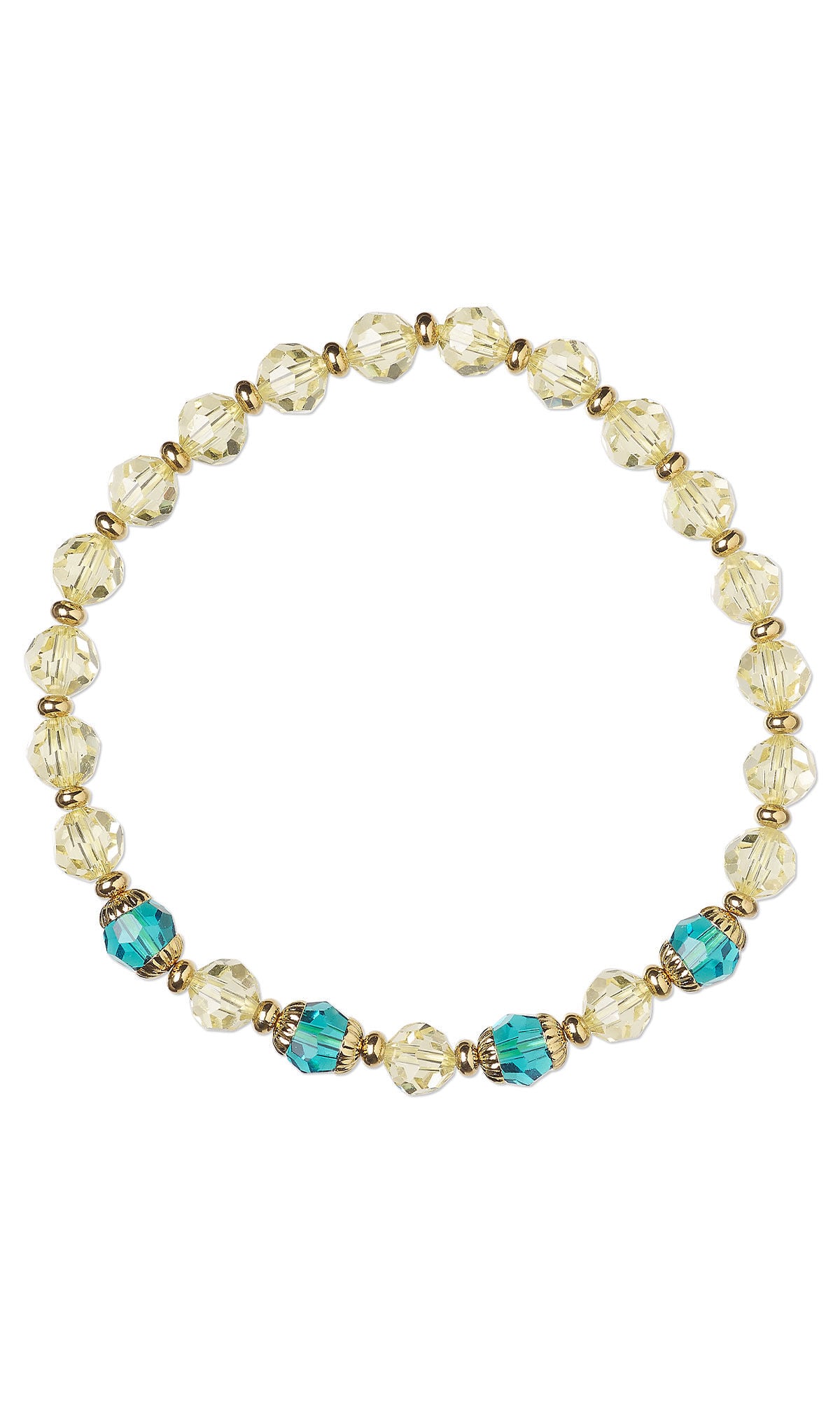 Design Idea S F 2 P &ndash; Beaded stretch bracelet has small clear seed beads interspersed with small, gold-plated beads on one half. The other half has pale green crystal bicones surrounding a row of royal blue crystal beads with gold-plated bead caps.