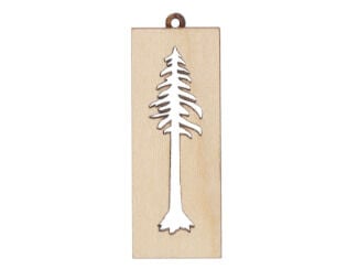 Tall rectangular metal pendant has a cutout of a coniferous tree