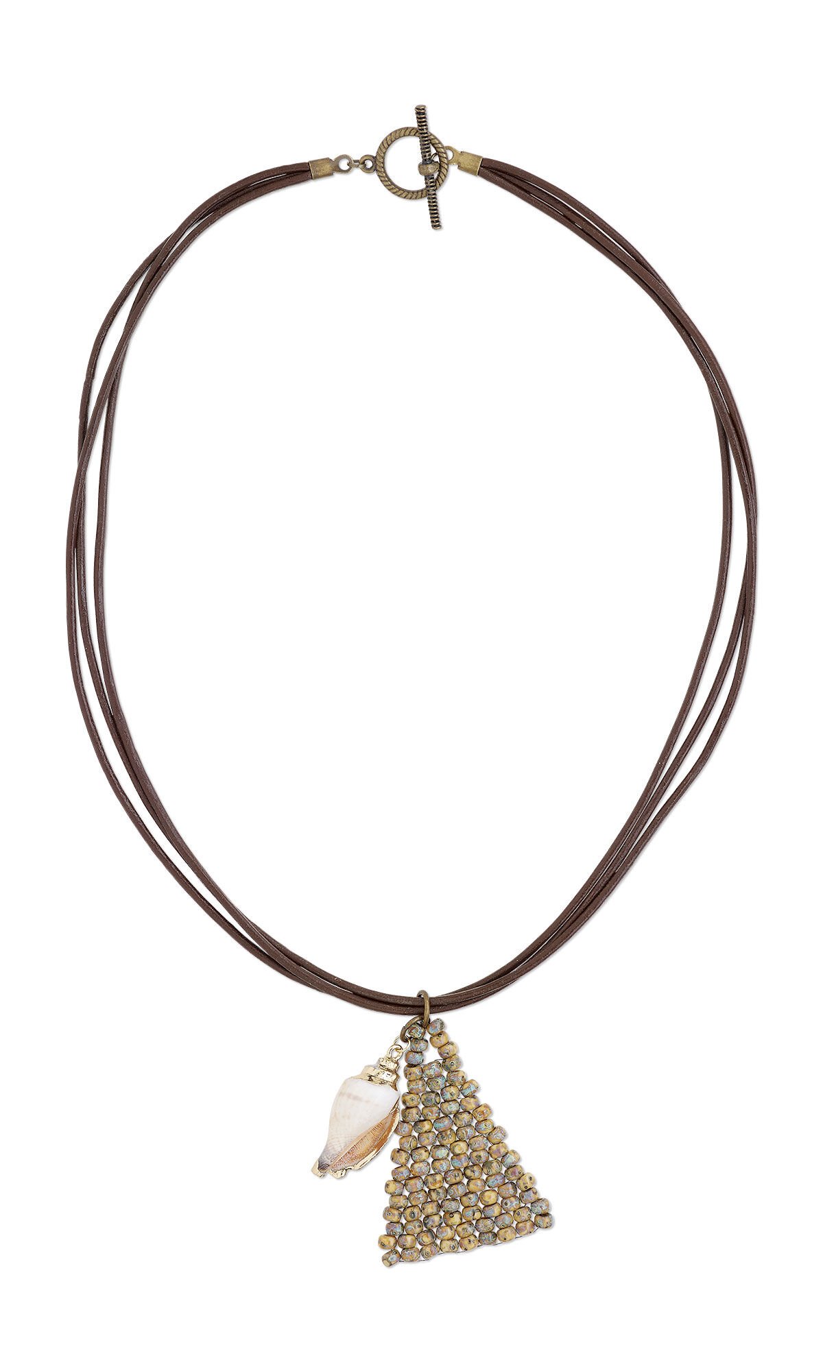Brown leather cord necklace with a triangle pendant made of opaque Picasso brown seed beads and a natural conch shell charm, finished with an antique gold toggle clasp