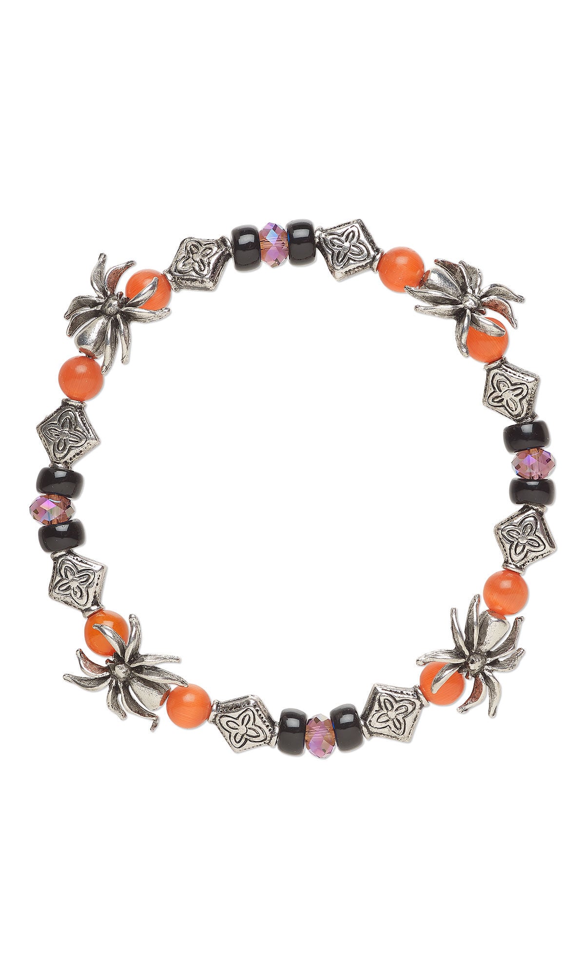 Design Idea S K 2 B &ndash; Stretch bracelet made with Crystal Passions&reg; rondelles, orange cat&rsquo;s eye glass rounds and pewter spider beads