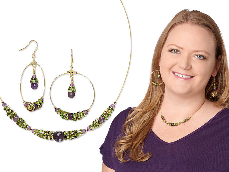 Model wearing earrings and necklace made with metal beads