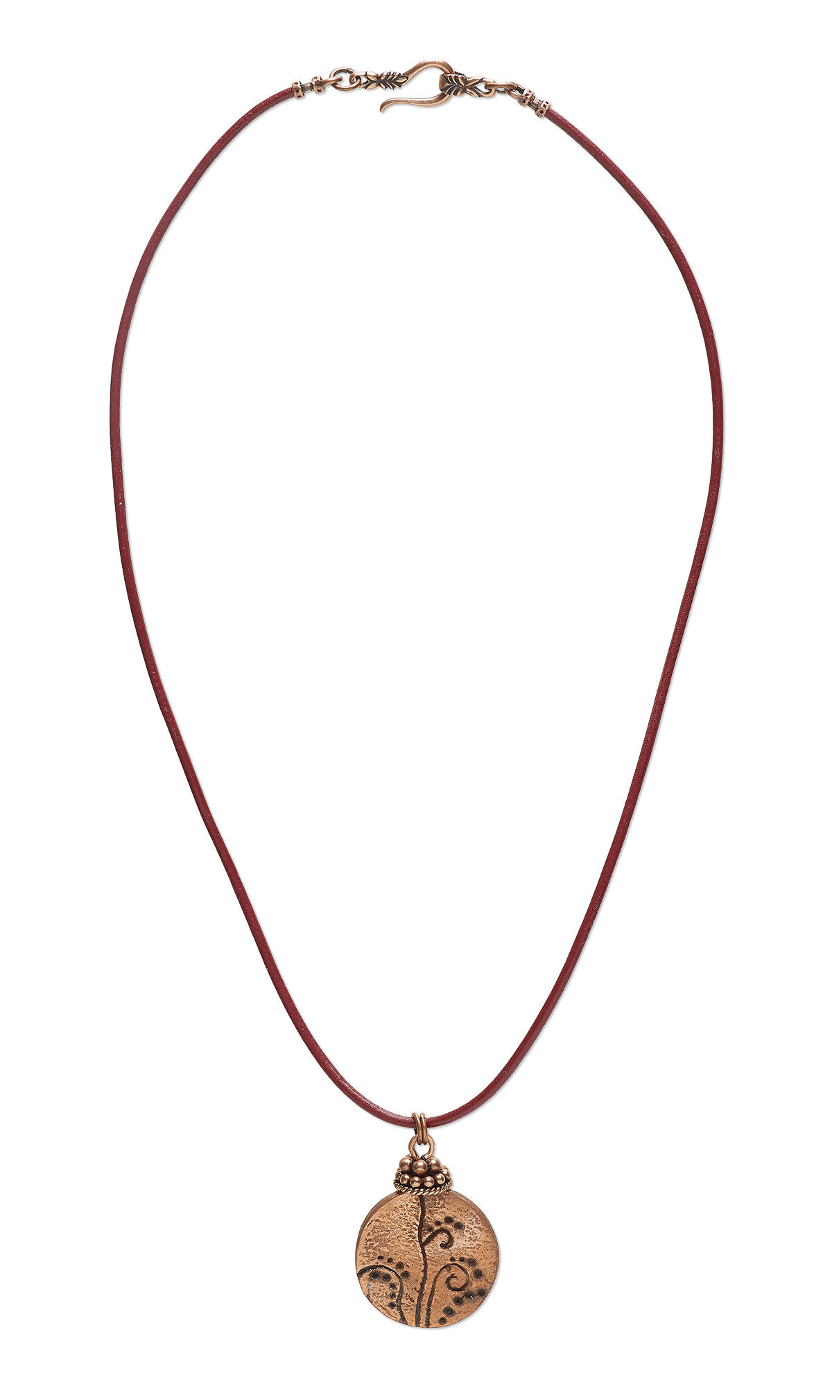 A cord necklace with a copper pendant