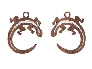 Laser-cut wood lizard has an aluminum stripe down his back. His body makes the shape of the letter &ldquo;C.&rdquo;