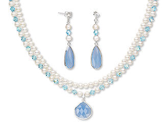 An image of a double strand necklace with crystal beads and chalcedony drops