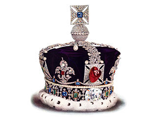 Elaborate crown features purple velvet, silver, and red, blue, green, and clear gemstones, including a large red gemstone front and center. The crown is topped by a gemstone-encrusted orb and cross.