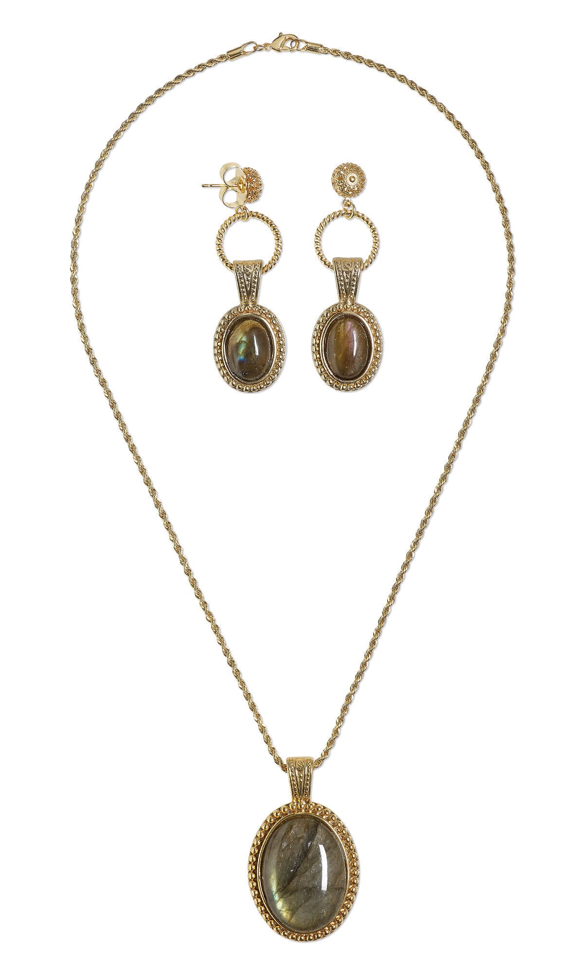 Design Idea S D 3 R &ndash; Labradorite cabochon necklace and earrings made with gold-finished brass chain and gold-plated &ldquo;pewter&rdquo; bezel settings and ear studs