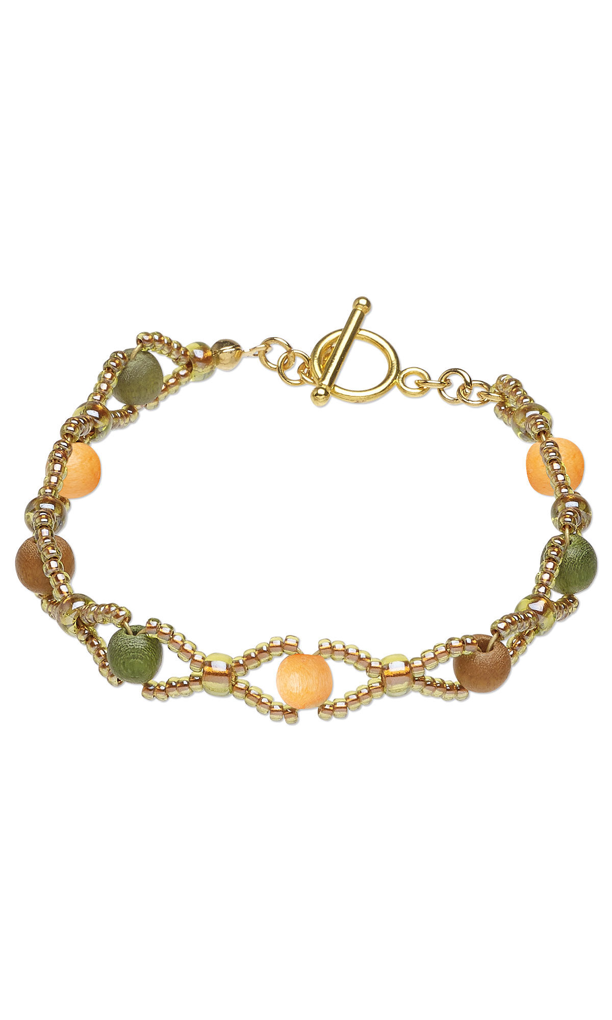 Design Idea S B 3 6 &ndash; Bracelet features dark red-, green-, and honey-hued wooden beads surrounded by gold-colored seed beads.