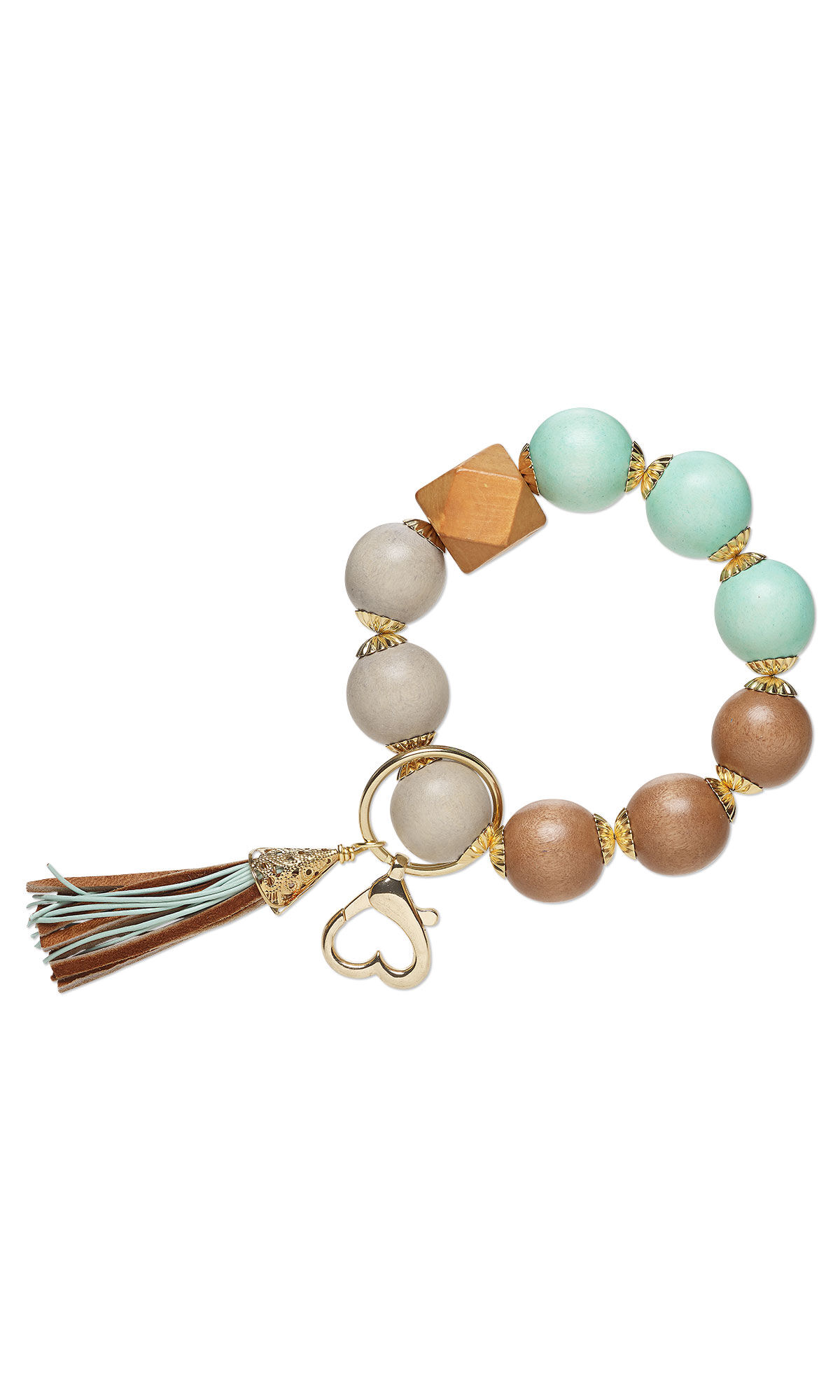 Design Idea S F 2 V &ndash; Keychain is attached to a bracelet of turquoise, grey and brown wooden beads with gold-plated bead caps. A heart clasp and a tassel of blue and brown leather dangle from the circlet.