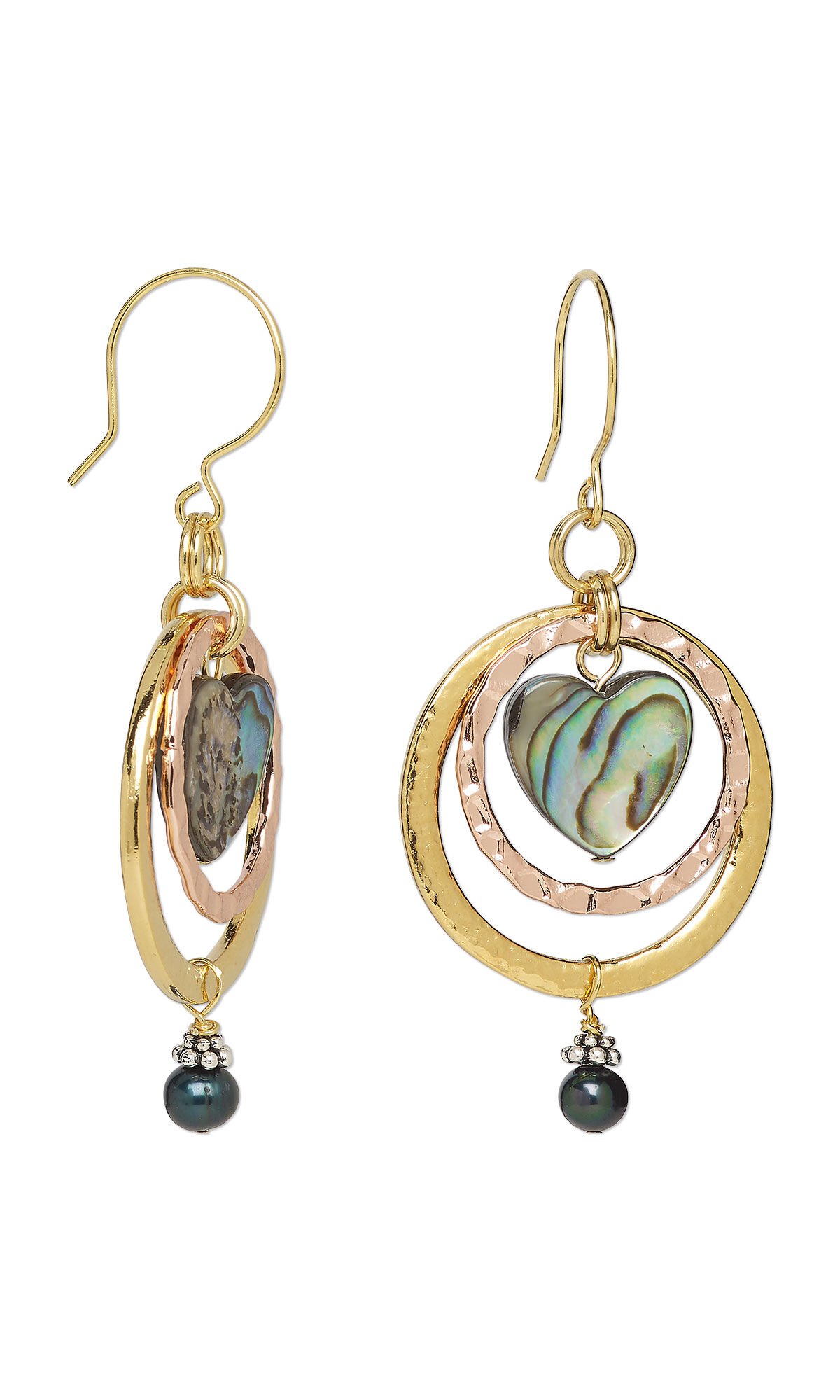 Design Idea S A 2 6 Earrings with pearlescent paua shell hearts dangling between concentric gold-plated hammered circles. A drop with a green pearl and silver-plated beads hangs from the bottom of the outer circle.
