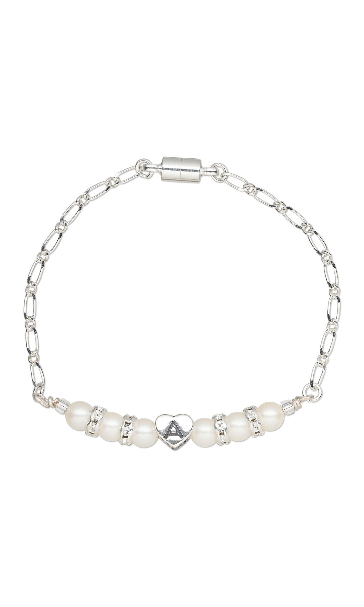 Design Idea S B 2 K &ndash; Bracelet features row of white crystal pearls with a silver letter &ldquo;A&rdquo; bead in the center and silver chain on either side.