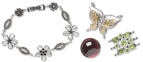 Bracelet, butterfly pendant, red gemstone and rhinestone clasp