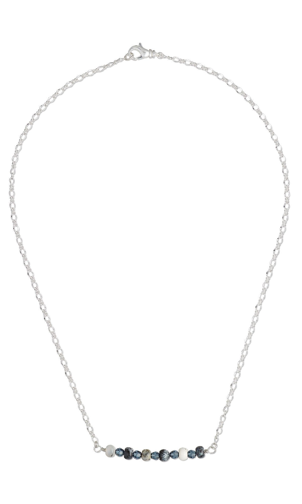 Design Idea R G 2 N Silver chain necklace with a flat horizontal length of blue and multicolored beads at the front.