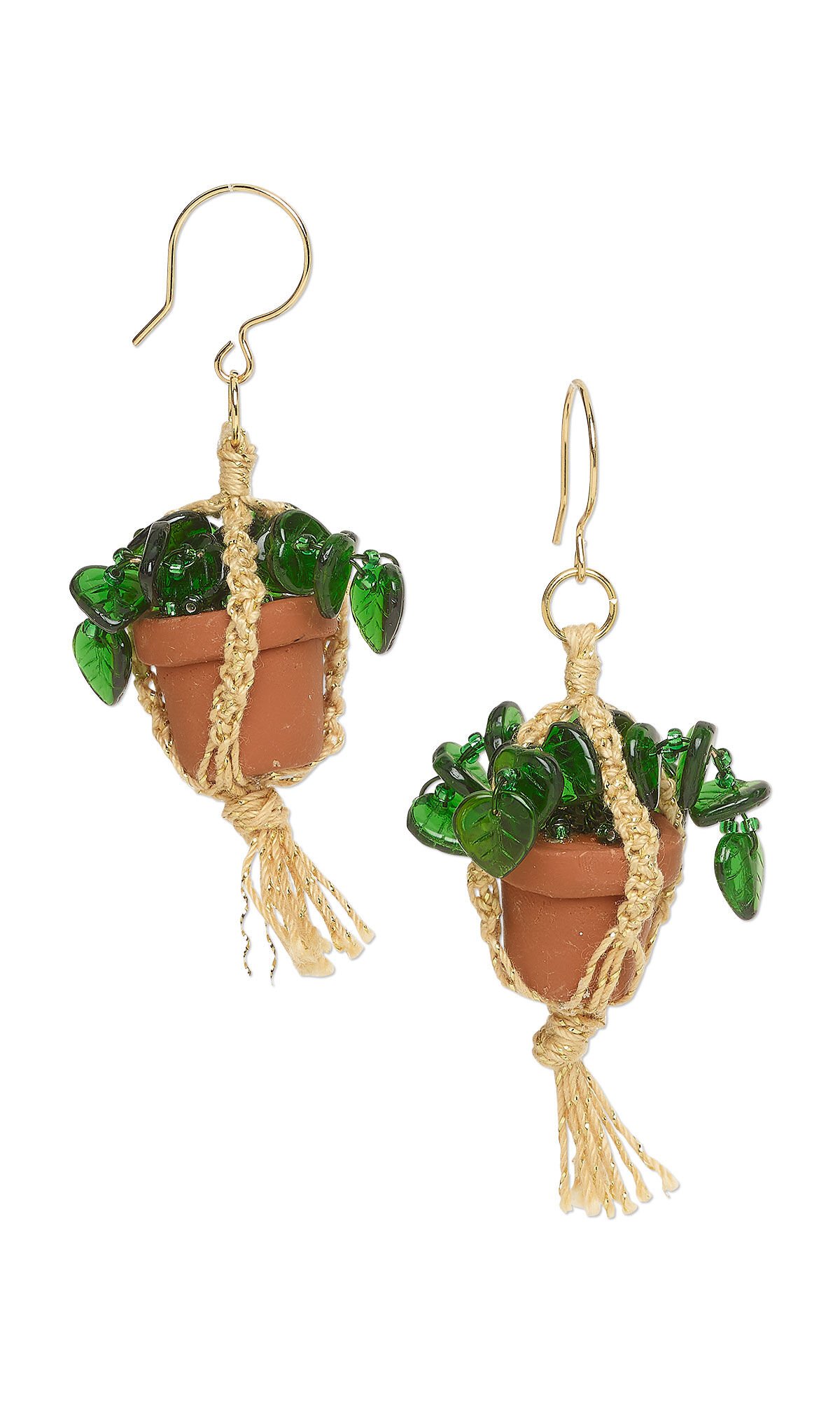 Design Idea R J 2 J - Earrings resemble hanging potted plants, with green leaf beads trailing over the edge of tiny polymer clay pots