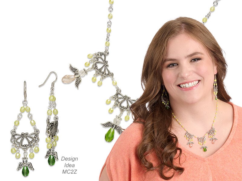 Model wearing a earrings made with beads on a head pin
