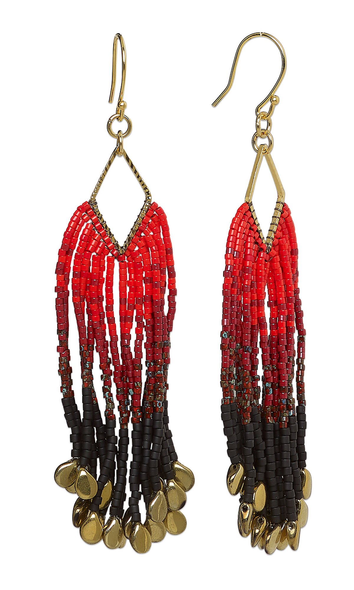 Design Idea R K 2 K &ndash; Earrings have columns of red and black ombr&eacute; fringe hanging from diamond-shaped gold components.