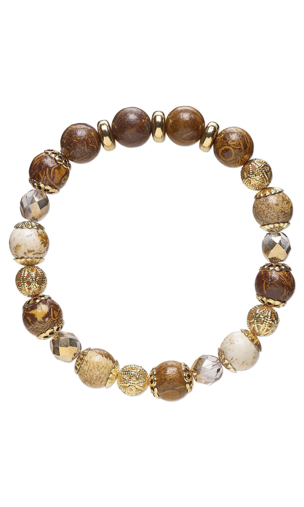 Design Idea S F 2 Q &ndash; Stretch bracelet with shiny, round brown gemstones and gold bead caps.