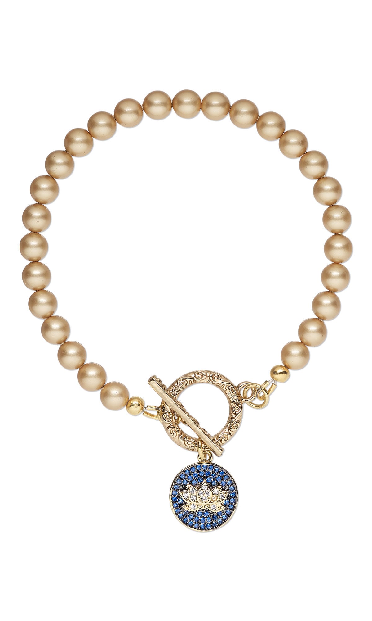 Design Idea S F 2 F, a bracelet featuring vintage gold Crystal Passions&reg; crystal pearls strung on Accu-Flex&reg; beading wire, accented with a blue and clear cubic zirconia lotus charm and finished with a gold-finished toggle clasp.