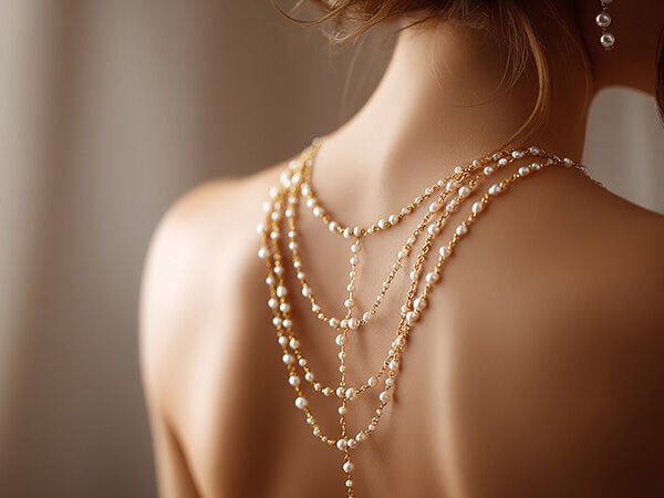 Model wearing a backdrop necklace of gold chain and pearls with four strands draped at different heights on her back and a straight pearl-and-chain strand down the center beyond the draped layers.