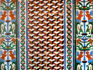 Geometric tile with blue, rust, black, green and white designs