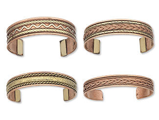 Four copper-hued cuff bracelets with rope-like designs