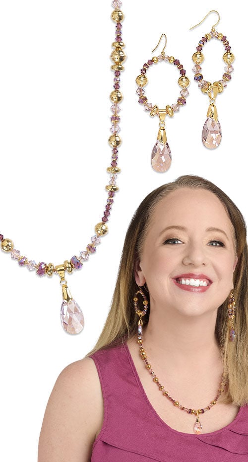 Model wearing earrings with crystal beads