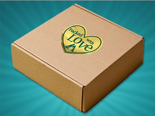 Cardboard box with a "packed with love" sticker