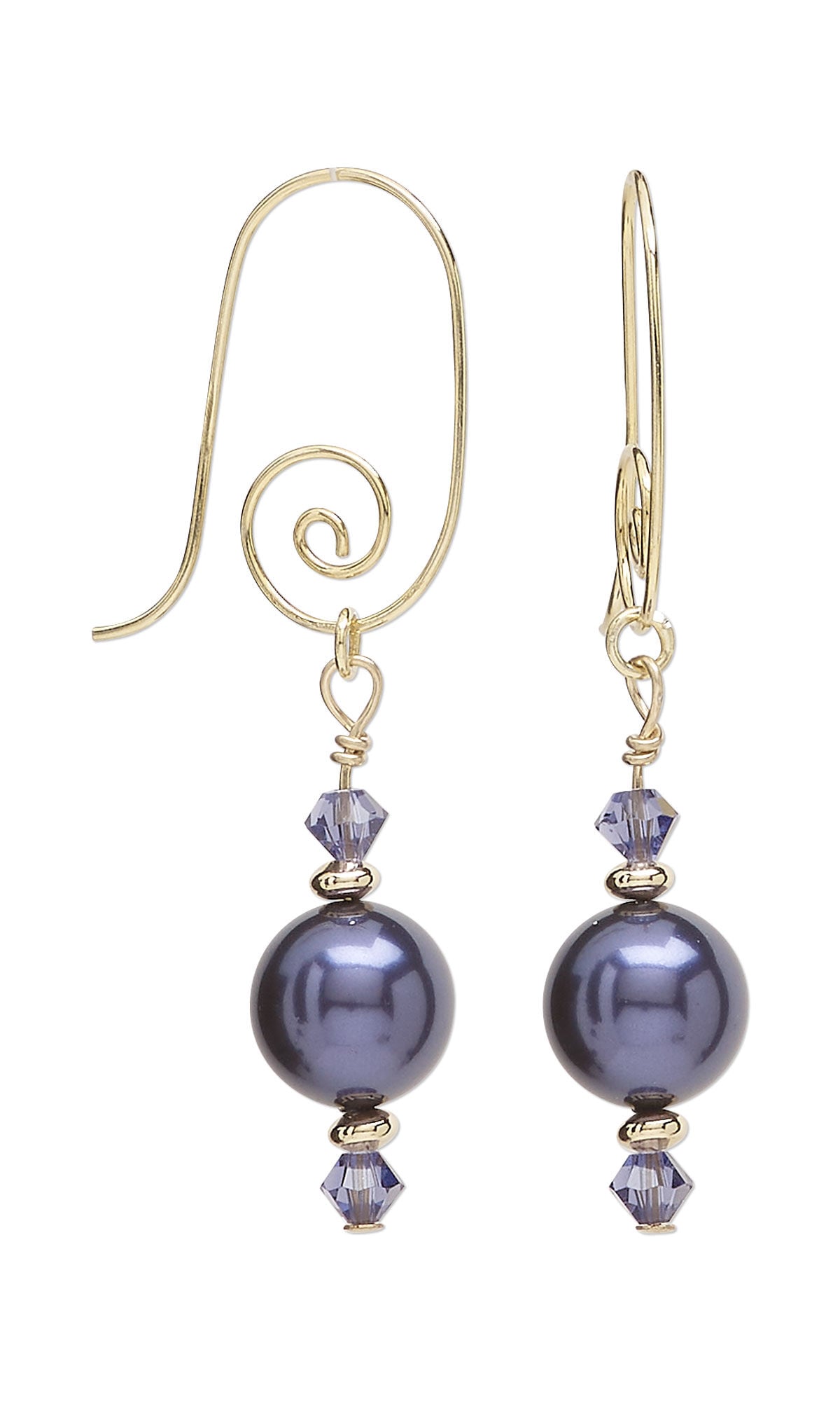 Design Idea S J 2 P &ndash; Earrings each have a sterling silver spiral ear wire with a drop beneath it containing a purple crystal pearl with tiny purple crystal bicone beads on the top and bottom of it.