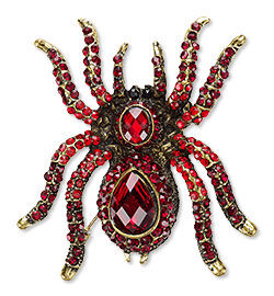 Brooch, glass rhinestone and antique gold-finished "pewter" spider