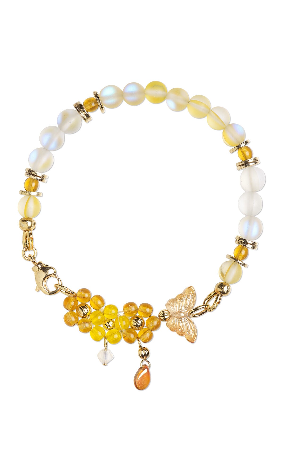 Design Idea S B 2 N &ndash; Bracelet features iridescent white and yellow glass beads, yellow and orange glass beads configured to look like flowers, and a gold-colored glass butterfly bead.