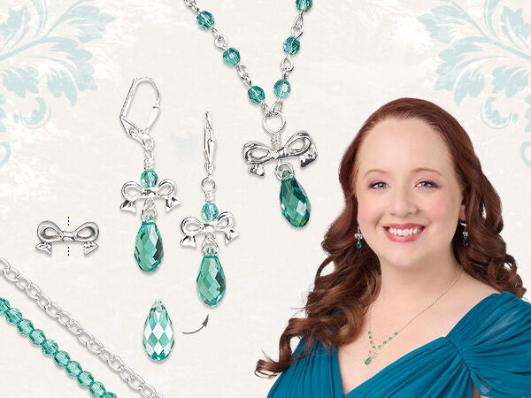On the left are two strands of crystal beads, pale aqua and clear. In the center are: a silvery bow bead, a pale aqua crystal teardrop bead, and a necklace and earrings featuring those components. A model on the right wears the jewelry set.